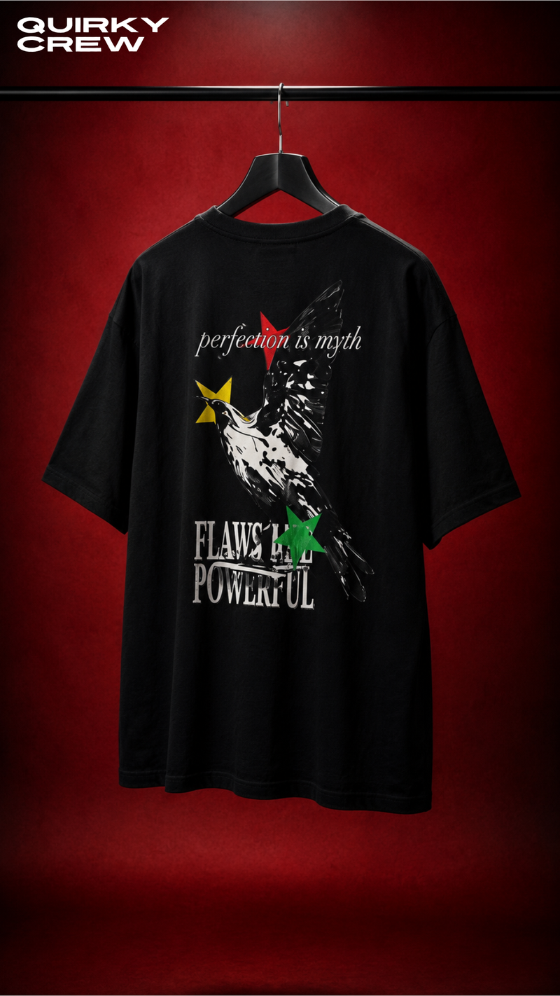 Quirky Crew “Flaws Are Powerful” Back Print Tee – Unisex Oversized Graphic T-Shirt