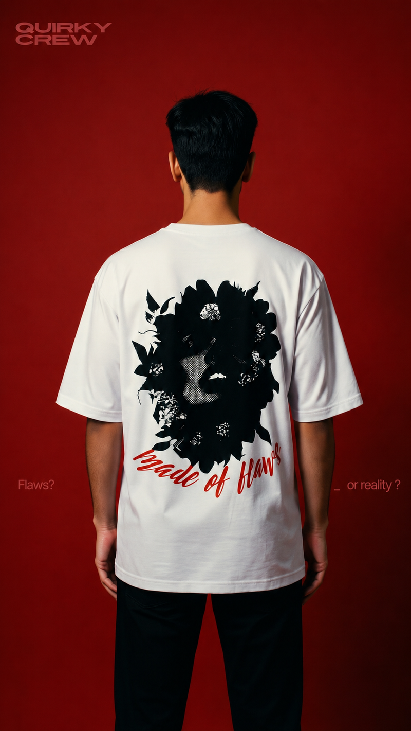 Quirky Crew “Made of Flaws” Back Print Tee – Unisex Oversized Graphic T-Shirt