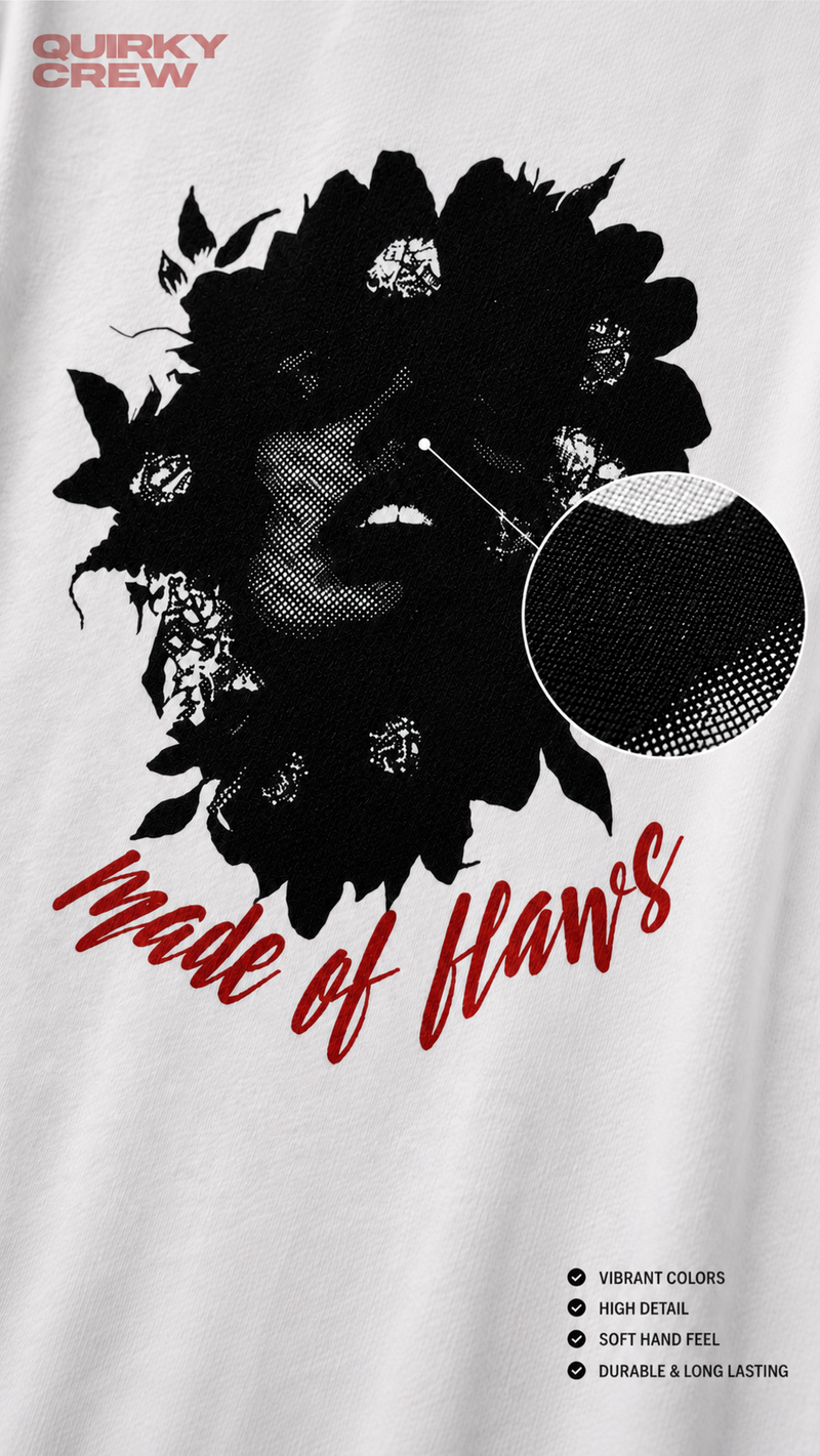 Quirky Crew “Made of Flaws” Back Print Tee – Unisex Oversized Graphic T-Shirt